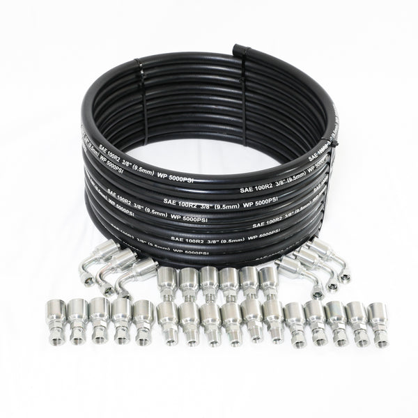 Redrock Performance 100ft 3/8" Hydraulic hose Kit with 2-Wire High-Tensile Steel Braid, Inner Diameter 3/8" ,5000 Psi Working Pressure, -40 °F to 212 °F, Includes 28 Pcs Hydraulic Hose Fittings